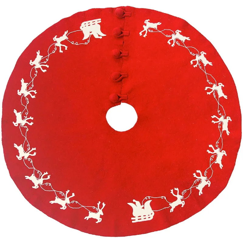 72" Cream Reindeer on Red Christmas Tree Skirt in Hand Felted Wool