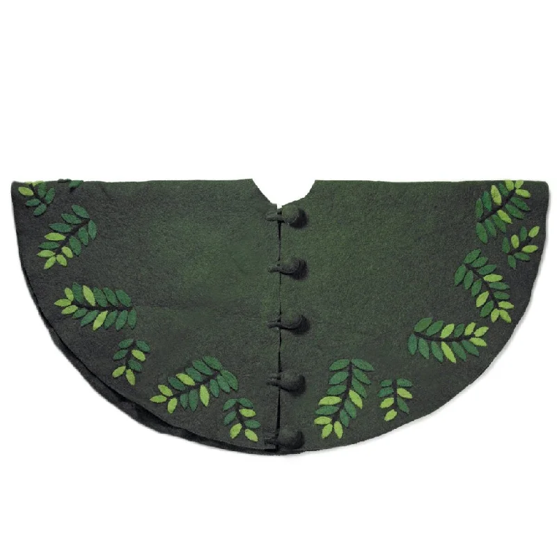 Handmade Christmas Tree Skirt in Felt - Leaves on Green - 60"