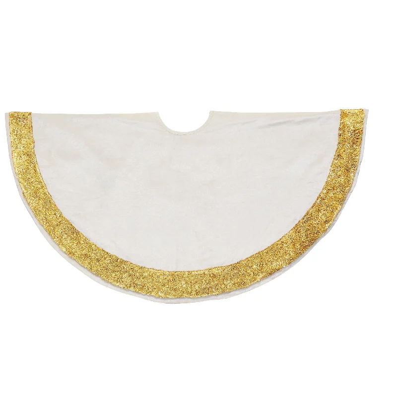 Ivory Velvet Christmas Tree Skirt with Hand Beaded Gold Border - 60"