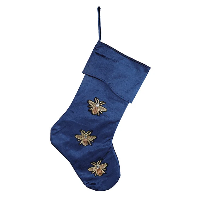 Navy Satin Christmas Stocking with Gold Bees