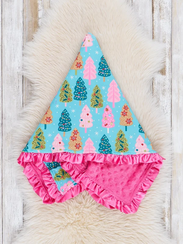 Pink & Green Christmas Tree Doodles Ruffle Minky Blanket