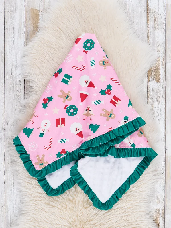 Pink & Green Holiday Magic Ruffle Minky Blanket