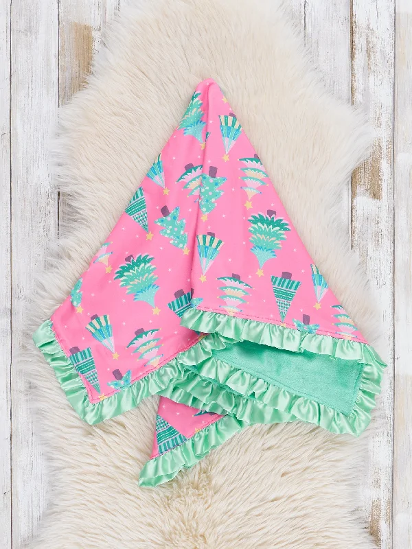 Pink & Green Oh Christmas Tree Ruffle Minky Blanket