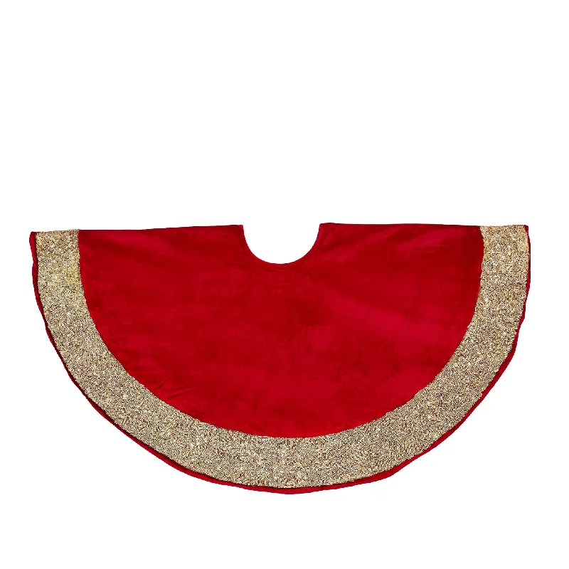 Red Velvet Christmas Tree Skirt with Hand Beaded Gold Border - 60" / 72"