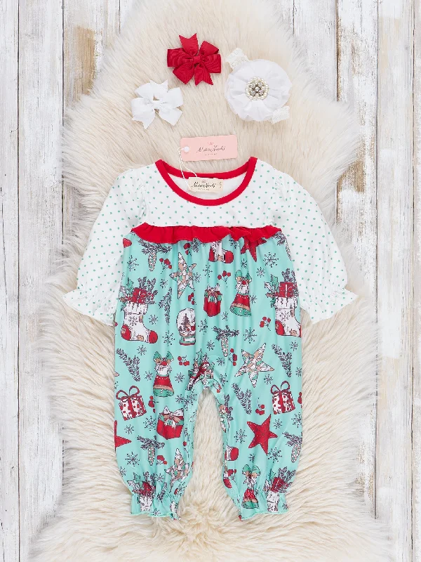 Teal & Red Holiday Joy Ruffle Romper